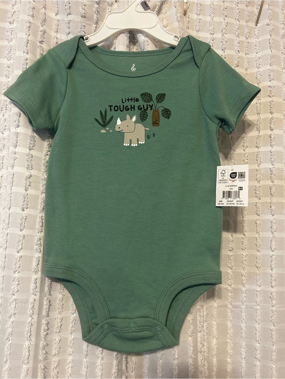 Lullaby Lane Little Tough Guy Rhino Bodysuit Sage Green 18M NWT